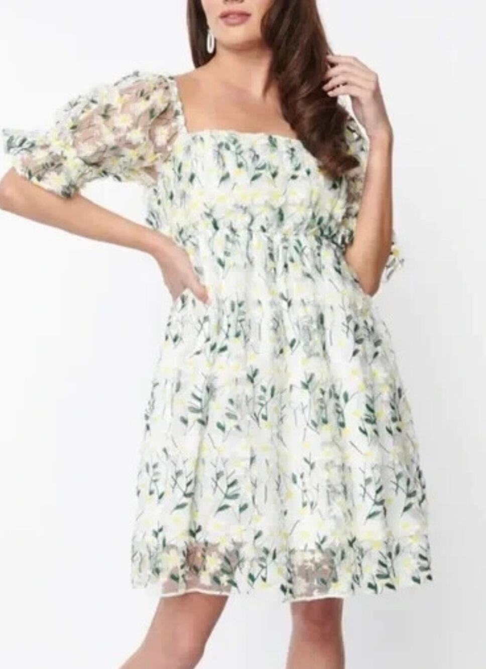Magnolia Place White and Green Daisy Tulle Babydoll Dress S NWOT